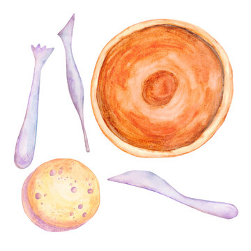Watercolor illustration of a clay plate and pottery tools, hand-painted with watercolors. Top view