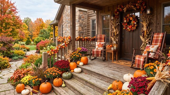Cozy rustic house porch decorated for autumn with pumpkins and fall flowers