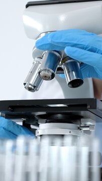 Scientist in blue protective gloves rotating the objective lens of an optical microscope. Conducting essential biological research. Medical analysis