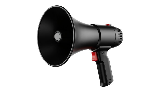 Black megaphone with red buttons, isolated on transparent background