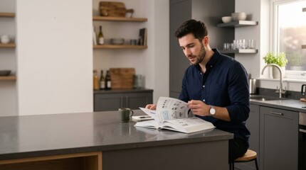 Fototapeta premium Man studying a manual at a kitchen island, learning a new skill with soft evening light and ample copy space