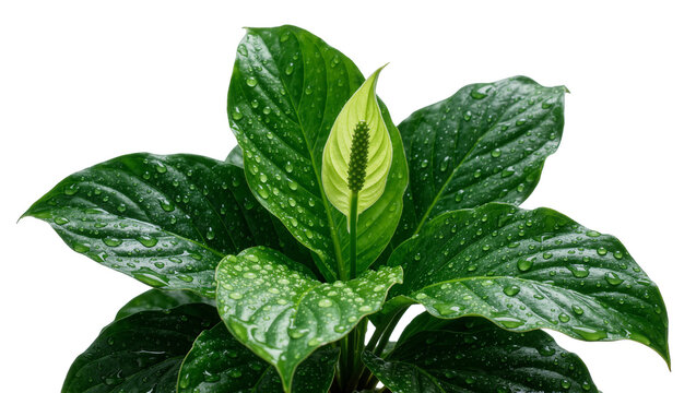 Lush green peace lily plant with water droplets, isolated on transparent background