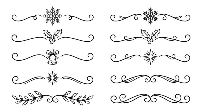 Decorative christmas flourish dividers featuring snowflakes holly leaves bells and stars in a simple elegant black line art style illustration