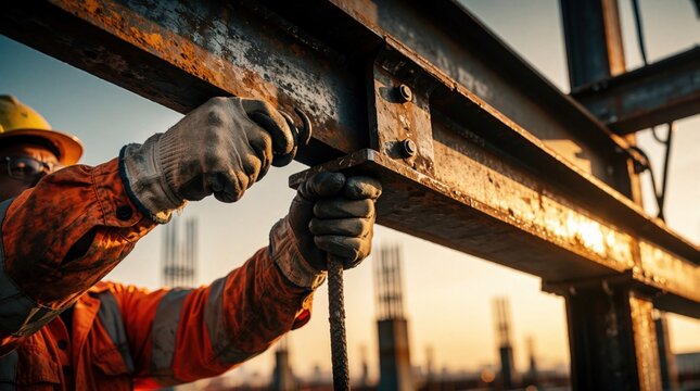 Construction worker fastens metal beam at skyscraper building site. Man wears safety helmet and orange jacket. Skilled laborer works on high structure with steel framework during sunset.