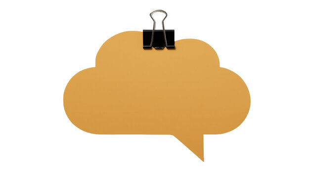 Orange cloud speech bubble note held by black binder clip, isolated on transparent background