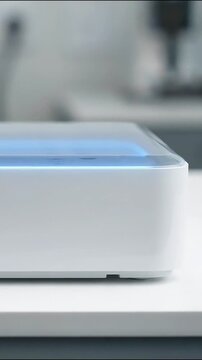 Purifier device emitting a soft blue light glow in a modern laboratory setting