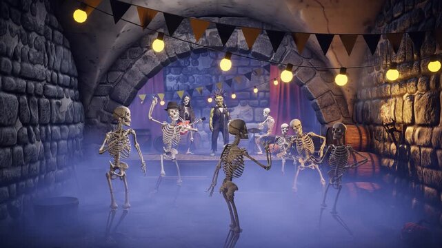 Funny Frankenstein at Halloween party in gothic dungeon with skeletons dancing on background, 3D render