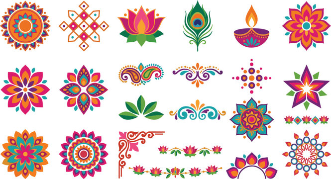 Diwali decorative elements and rangoli vector icon set featuring colorful mandalas lotus flowers diya lamp peacock feather and paisley borders isolated on white