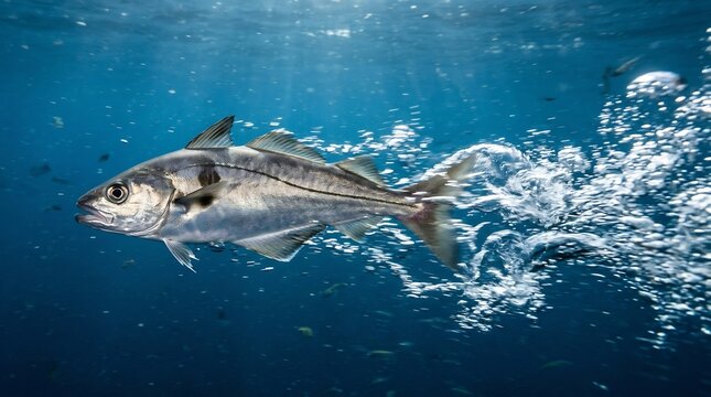 Silver Haddock Fish Swimming Fast Through Blue Water with Bubbles