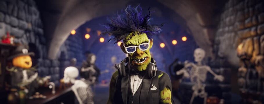 Funny Frankenstein at Halloween party in gothic dungeon pub with skeletons dancing on background, 3D render