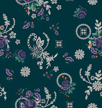 Dark teal traditional ornamental seamless pattern with intricate ethnic motifs and paisleys