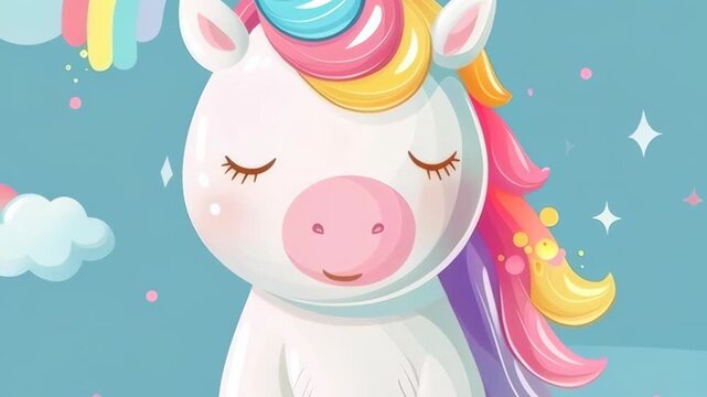 Cute Cartoon Unicorn with Colorful Horn and Mane
