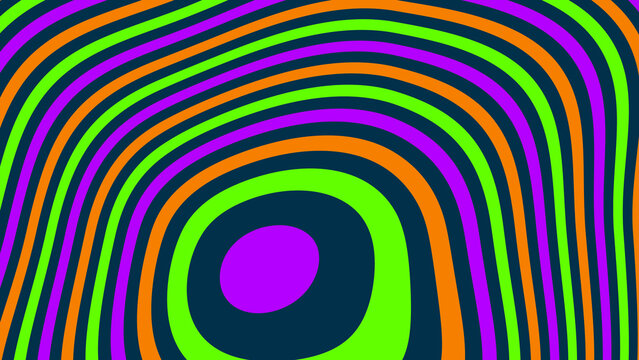 A vibrant abstract background featuring warped, concentric wavy lines in bright neon green, purple, and orange against a dark blue backdrop.