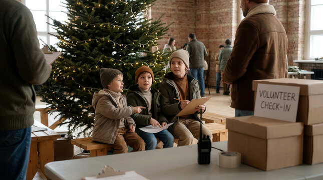 Three young children sitting on a bench near a Christmas tree at a volunteer center