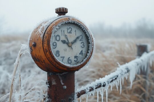 Vintage round clock covered in frost and ice, resting on a weathered post in a winter landscape, showcasing the passage of time in a serene, cold environment