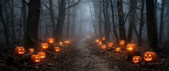 Obraz premium Spooky path in woods lined with carved pumpkins glowing in fog. Halloween theme background