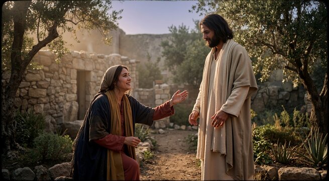 Mary Magdalene reaching toward the risen Jesus in a garden at sunrise with reverent emotion. New Testament Resurrection theme