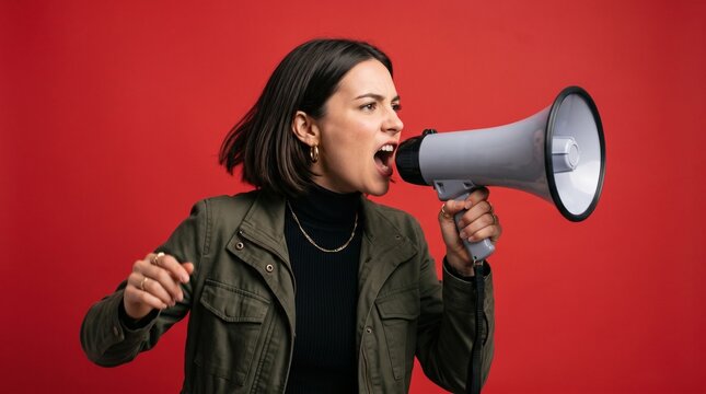 Young woman shouting loudly into a megaphone against a vibrant red background