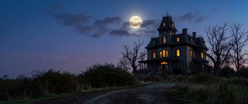 Spooky mansion silhouette with glowing yellow windows under full moon. Halloween theme background