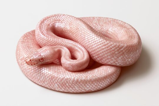rare leucistic scale-less python curled in a tight spiral on white surface showing delicate iridescent pale pink skin detailed texture head resting on coiled body exotic reptile portrait studio shot