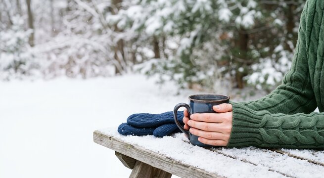 Person holding steaming mug on a snowy outdoor table. Warm drinks winter theme