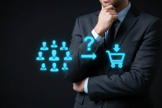 Businessman contemplates customer conversion with shopping cart icon and silhouettes