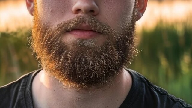 Close-up of a Man with a Dense Beard and Mustache Outdoors