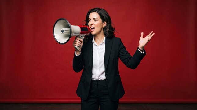 Businesswoman in suit speaking loudly into a megaphone with hand raised on red background
