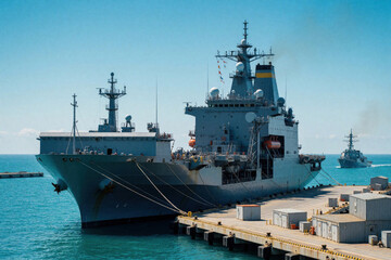 Fototapeta premium Large military warship docked at a port with clear blue skies and calm sea. Another destroyer sails nearby on the horizon. The vessel is secured with ropes to a pier loaded with containers.