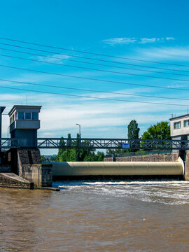 Vertical View of a Small Hydroelectric Weir and Control Buildings