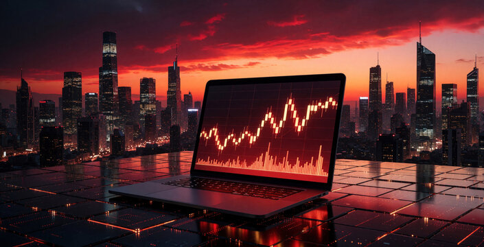 Laptop displays stock market graph overlooking city skyline at sunset. Digital data visualization shows financial trends in urban tech environment. Global business analytics concept.