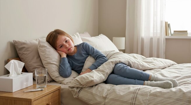 Sick little girl lying in bed with a box of tissues and glass of water. Cold and flu season theme
