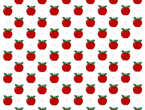 Red apple pattern with green leaves and blue dots on white backdrop. Simple seamless design, fresh fruit illustration for food related projects or backgrounds. This is a cute graphic.