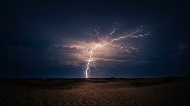 Lightning bolt striking over desert dunes at night
