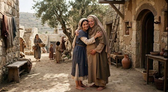 Mary embracing pregnant Elizabeth in an ancient Judean courtyard with emotional joy. New Testament Visitation theme
