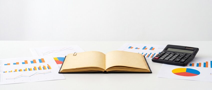Open blank notebook with calculator and financial charts on a white desk workspace