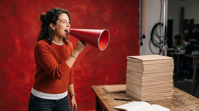 Woman with curly hair shouting into a red megaphone against a red backdrop with a stack of papers