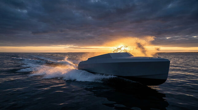 Grey patrol boat cutting through choppy water at sunset