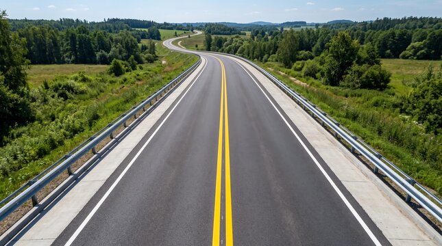 An empty asphalt highway with yellow double lines stretches across a wide rural landscape with green hills.