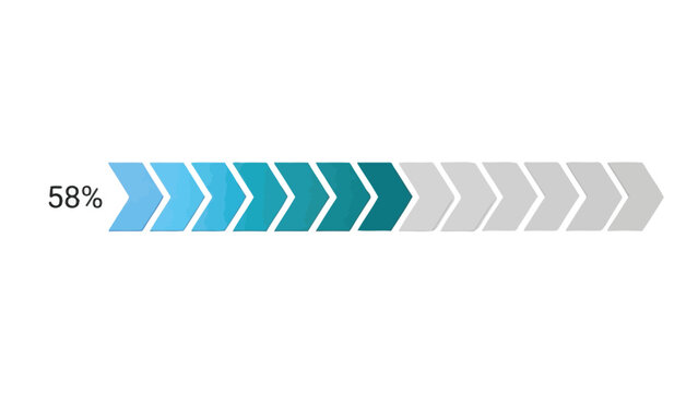 Progress bar graphic featuring cyan chevron arrows indicating fifty eight percent completion with modern design