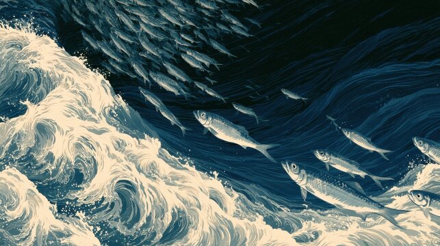 Ukiyo-e style, a school of tiny silver fish swimming upstream against a strong current