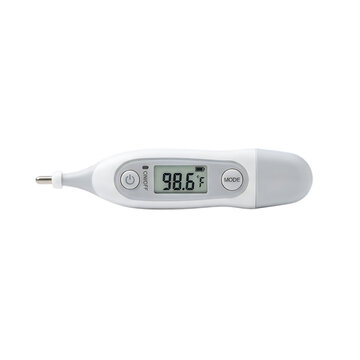 Digital thermometer displaying 98.6 degrees Fahrenheit