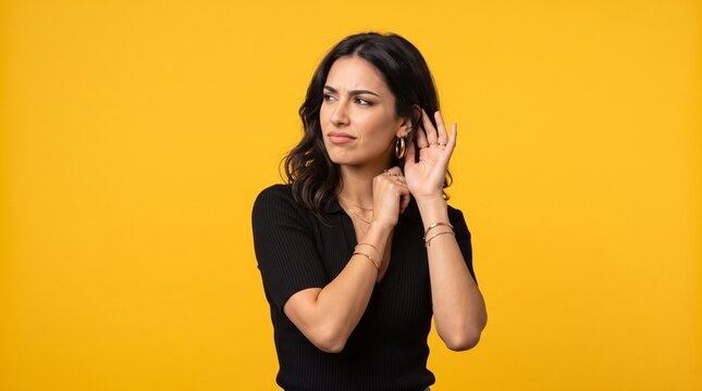 A young woman with dark hair and a black shirt holds her hand to her ear, listening intently against a vibrant yellow background.