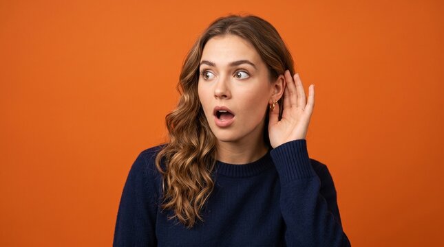 A young woman with wavy brown hair cupping her ear and looking to the side with an astonished expression against an orange background.