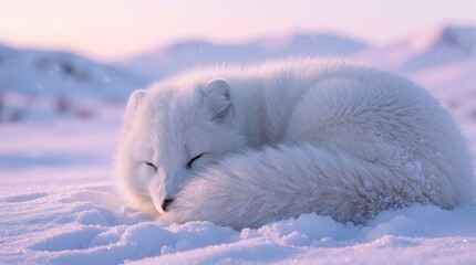 Fototapeta premium White arctic fox slepic in cold snow. Fluffy predator curls up in winter landscape. Cute mammal rests in icy arctic habitat during frosty season. Small wild animal finds peace in snowy tundra under