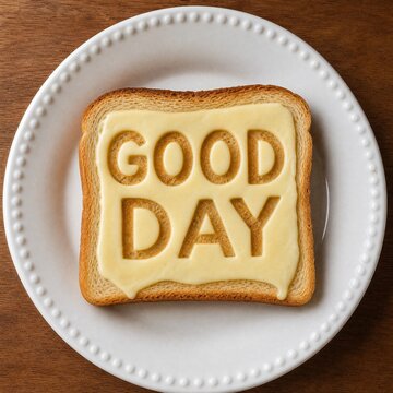 Bread with melted cheese written good morning