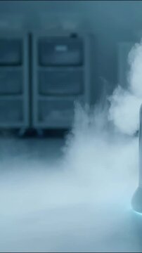 Humidifier releasing cool mist vapor inside modern laboratory interior showing clinical atmosphere