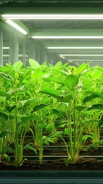 Hydroponic plants growing in indoor vertical farming system under bright artificial LED lighting