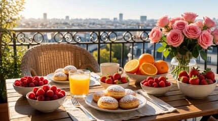 Obraz premium Breakfast spread on a city balcony with fruits pastries and flowers. Sunlight illuminates a table with orange juice fresh berries and a cityscape background. Elegant morning meal.