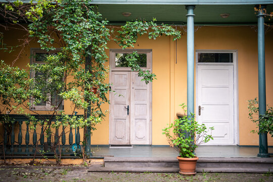 Two wooden doors stand beneath covered veranda on warm ochre facade, surrounded by green columns, climbing vines, shrubs and potted plants across quiet paved courtyard with traditional details.